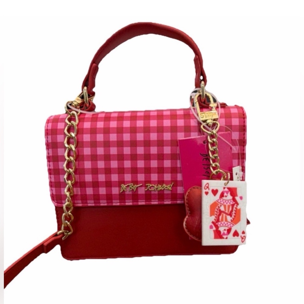 Betsey Johnson Pink Red Gingham Satchel Gold Chain Queen of hearts lips keychain